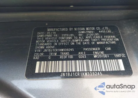 2019 Nissan Rogue Sport S z USA, uszkodzony, nr VIN JN1BJ1CR1KW339245